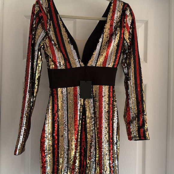 NWT NBD Revolve Star Treatment Long Sleeve Mini Dress Gold Silver Sequin XS - Picture 7 of 8